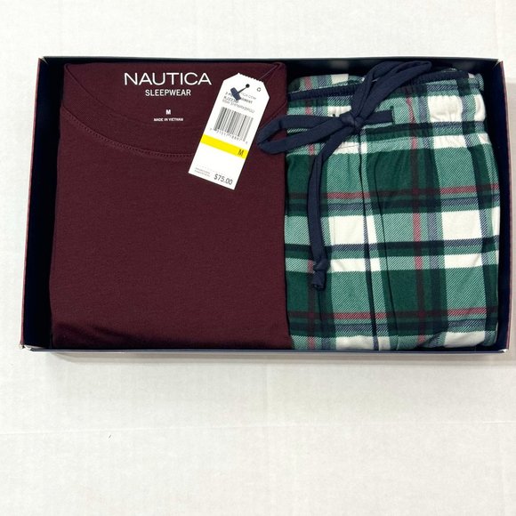 Nautica NWB Sz M Men's PJ Set Maroon/Green Multi Crew Neck Cozy Pants - Picture 1 of 12